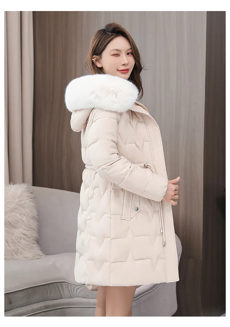 Hooded Women Parkas Coats Mid LenthJackets  Oversize Solid Fur Collar Zipper Drawstring Waist Loose Casual 2025 Autumn Winter