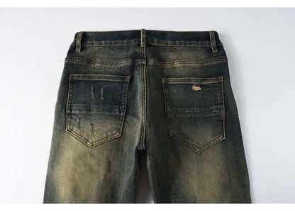 Y2k New Men's Jeans Washed Nostalgic Perforated Black Leather Patch Deep Blue Jeans High Street Designer Hip-Hop Brand High-Qual