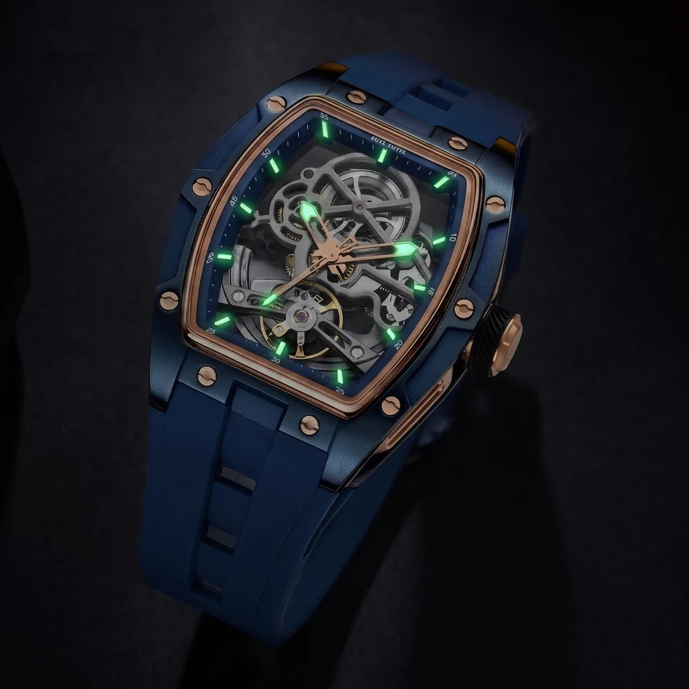 MEGIR Tonneau Skeleton Mechanical Watch Men Sport Wristwatch Silicone Strap Luxury Hollow Dial Male Automatic Mechanical Watches