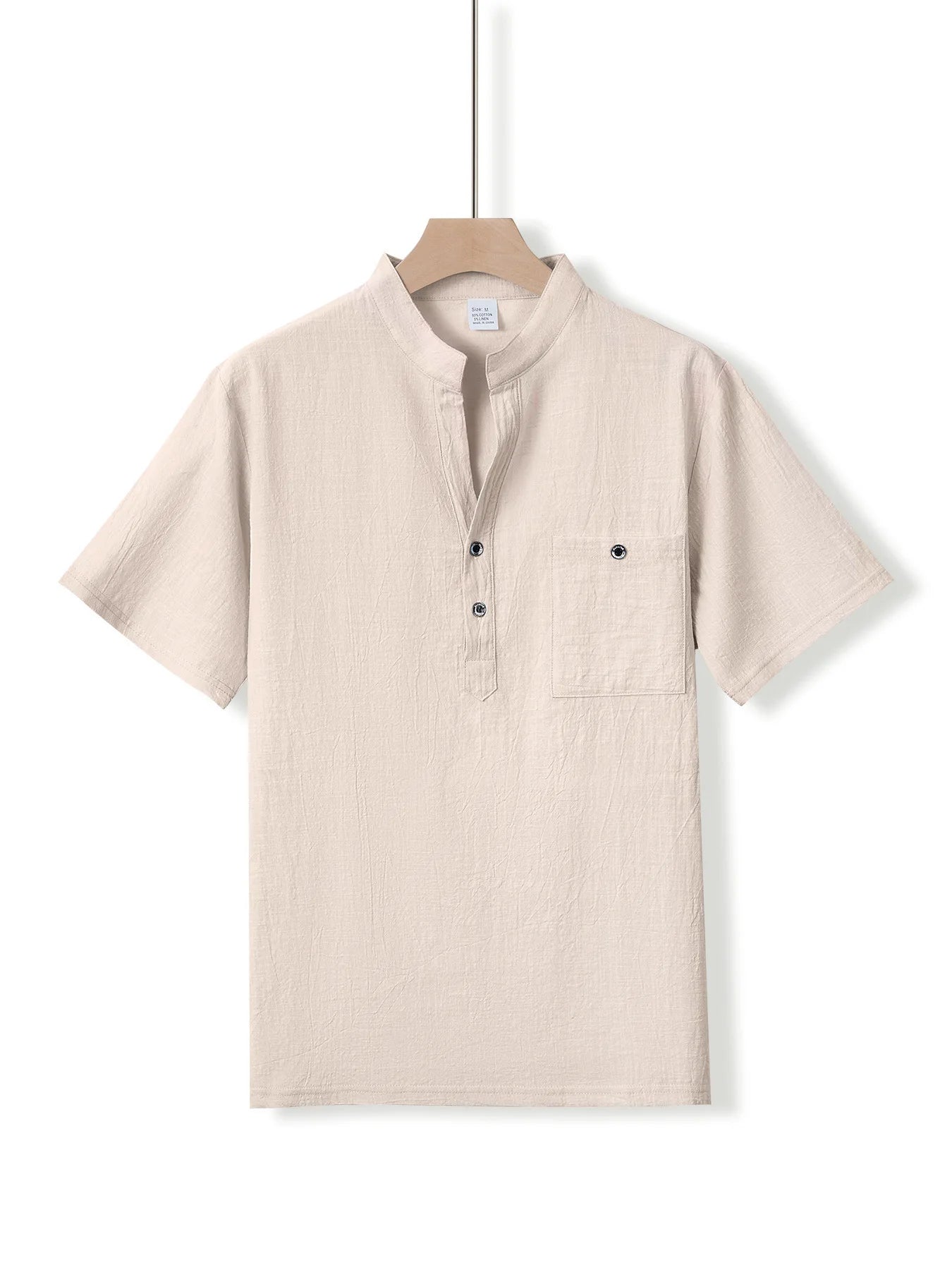 Summer Men's Cotton and Linen Shirt Casual Short Sleeved Stand Up Collar Top Breathable Loose Men's Fashionable Streetwear