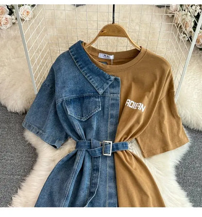 Retro Hong Kong Sle Chic Casual Mid-Length round Ne Patchwork Color Denim irt with Belt Spring New Women's Faion Top