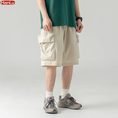 2025 Summer New Japanese Style Large Size Thin Shorts Men Loose Knee Cargo Shorts Hip Hop Streetwear Male Short Trousers