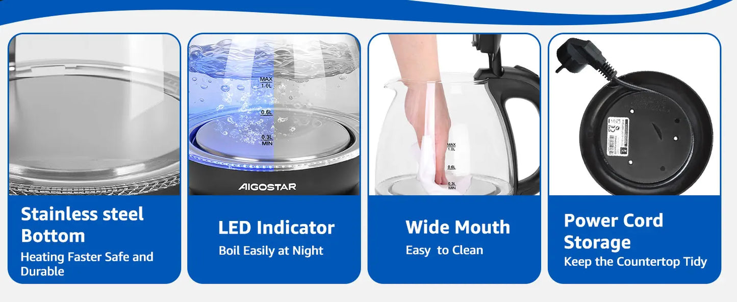 Aigostar Elfin Mini Borosilicate Glass Kettle with LED Lighting, 2200 W, 1 L Capacity, BPA-Free, Fast Boiling, Vacuum Protection