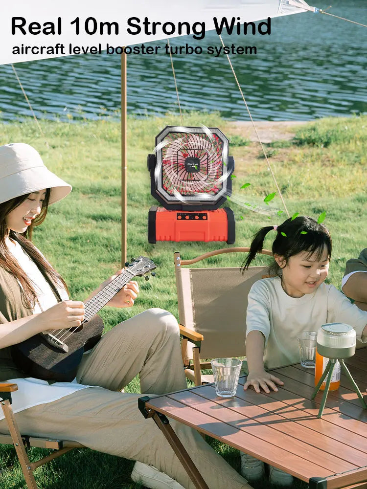 20000 mAh Wireless Battery-Powered Camping Fan with LED Light and Remote Control, 4 Speeds, Timer Function, USB Interface