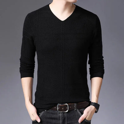 Autumn Winter New Men V-neck Pullover Sweaters Plaid Casual Korean Clothing Tees Fashion Slim Long Sleeve Bottoming Knitted Tops