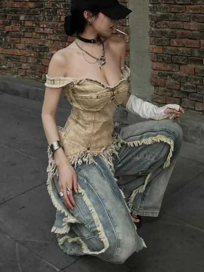 Vintage Women Washed Y2K Baggy Japanese 2000s Denim Trouser Casual Tassels Pants Female Street Trashy Retro High Waist Jeans