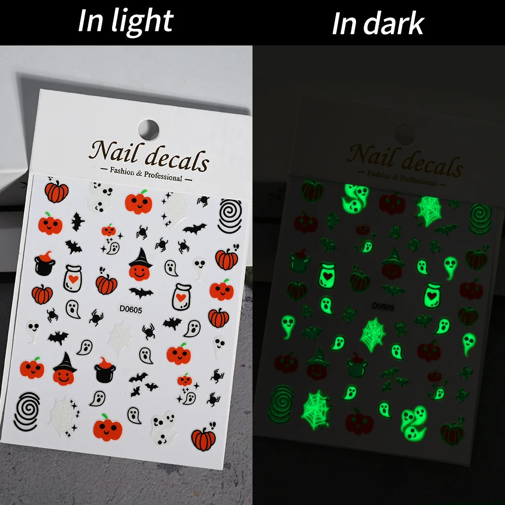1sheet 5D Halloween Nail Stickers Pink/Green/Black Cartoon Pattern Nail Art Slider DIY For Sweet Cool Girl Cute Nail Decoration