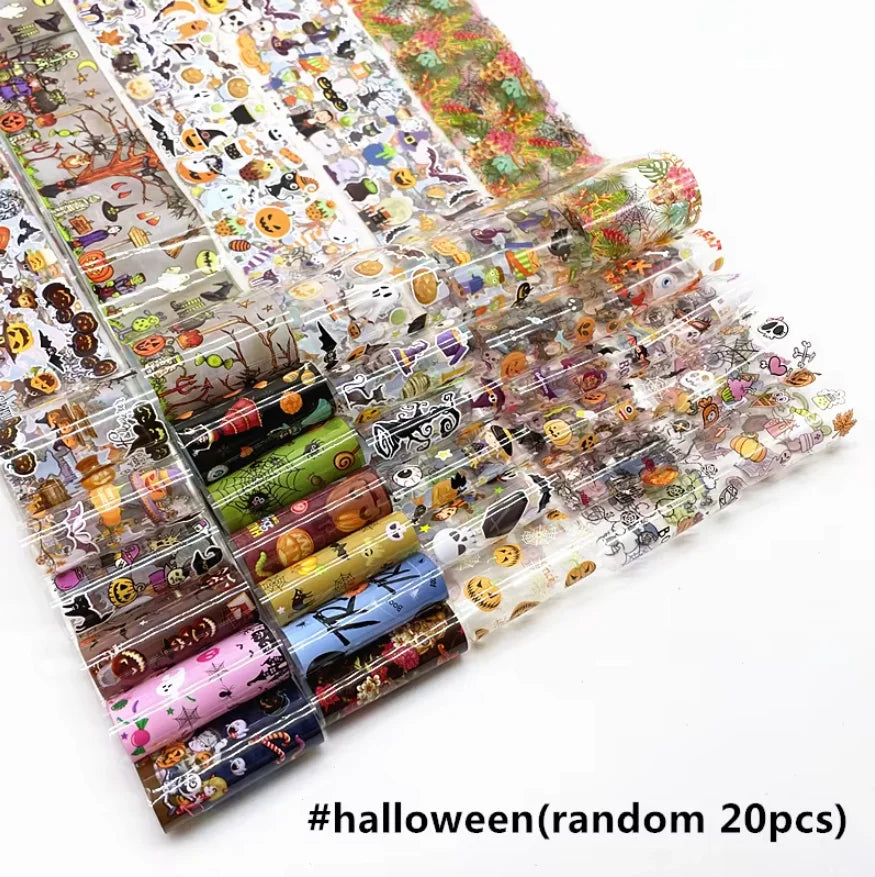 20 Rolls Halloween Nail Foils Gradient Transfer Paper Christmas Nail Art Stickers Stripe Floral Manicure Decals Nails Decoration
