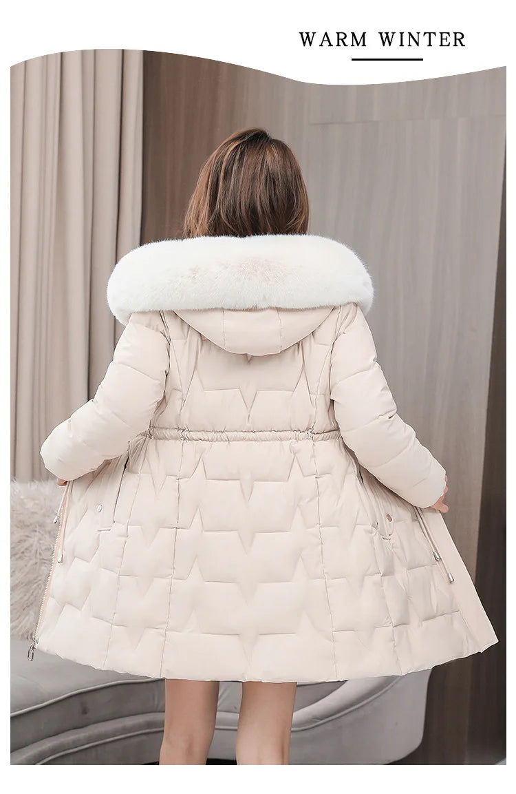 Hooded Women Parkas Coats Mid LenthJackets  Oversize Solid Fur Collar Zipper Drawstring Waist Loose Casual 2025 Autumn Winter