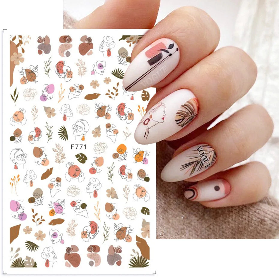 Black and White Love Flowers Line Art 3D Stickers Nail Decals Nail Art Accessories Butterfly Rose Nail Stickers Nail Sliders