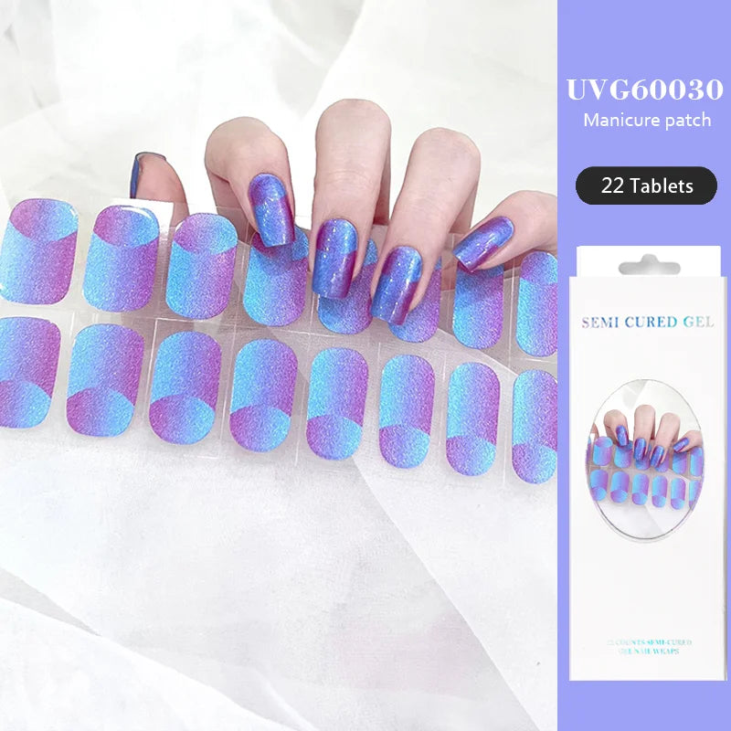 16/22 Tips Semi Cured Gel Nail Stickers for UV Lamp Designer Adhesive Nail Gel Wraps DIY Long-lasting  Nail Decoration
