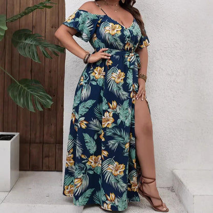Plus Size Large Size Fashion Floral Print Women's Strap Dress Comfortable Casual Long Skirt Polyester Fabric Commute Style Th...