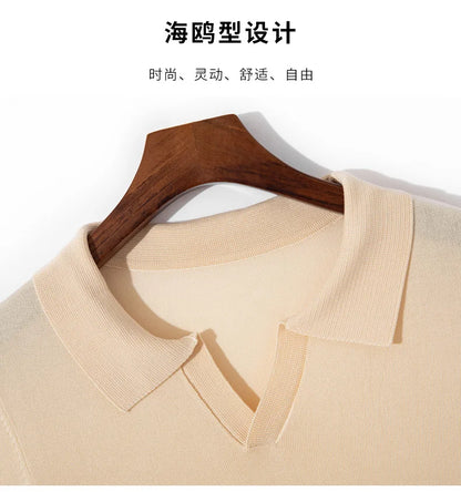 Spring and summer new 100% pure wool business casual knitting technology men's breathable soft lapel Polo short sleeve T-shirt.