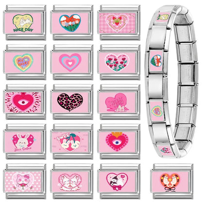 Beautiful Flower Y2K Black Star Dog Heart Pink Italian Charm Link Fit 9mm Stainless Steel Sweet Bracelet Jewelry Making DIY Gift