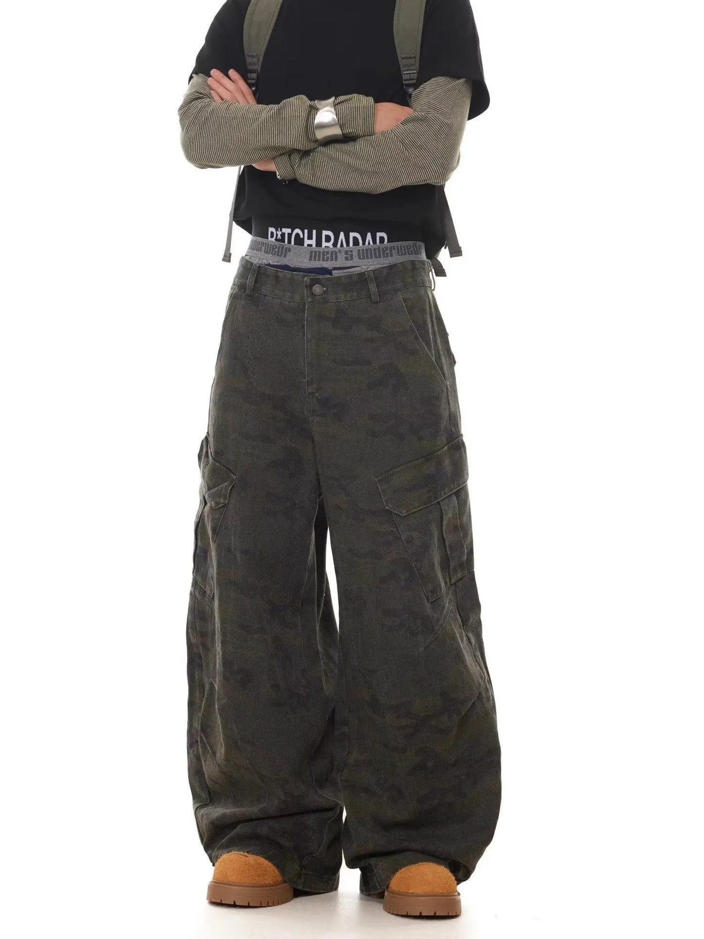 American Retro Multi-pocket Camouflage Silhouette Scimitar Jeans Niche Baggy Wide-leg Sickle Casual Pants Hoodies Men's Clothing