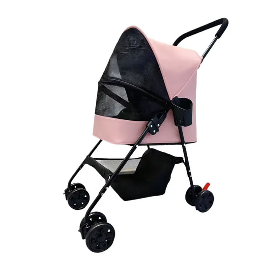 Pet Stroller Lightweight Metal Foldable Multi Tier Carrier Round Handle For Cats Dogs Outdoor Travel
