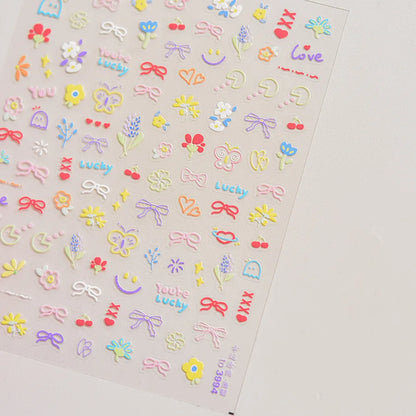 Collage Text English Letter Musical Note Star Graffiti Colorful 5D Love Heart Bowknot Nail Art Sticker Adhesive Manicure Decals