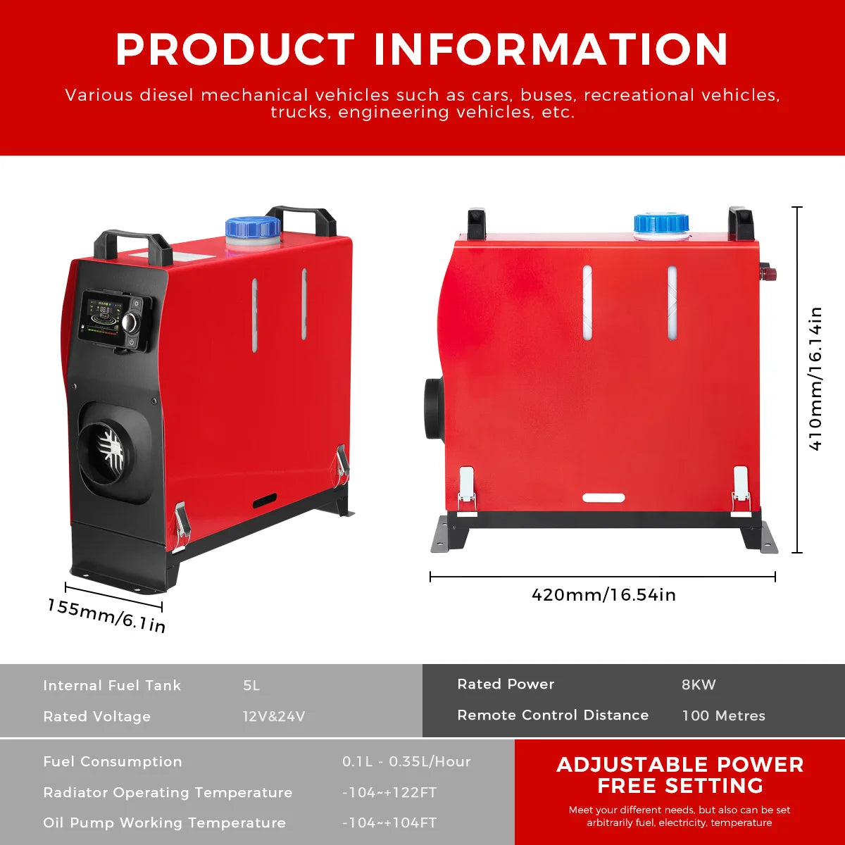 8KW Diesel Air Heater 12V&24V All in One Parking Heater with LCD Switch & Remote Control Bluetooth APP for RV Truck Car Tent