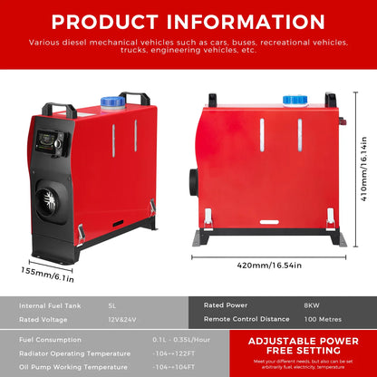8KW Diesel Air Heater 12V&24V All in One Parking Heater with LCD Switch & Remote Control Bluetooth APP for RV Truck Car Tent