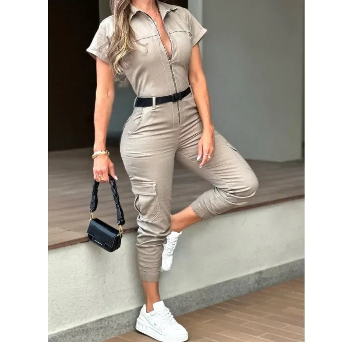 Fashion Women's Jumpsuit New Sexy Zipper Workwear Short Sleeved Lapel Multi Pocket Waistband Bodysuit Pants Female 2024 Summer