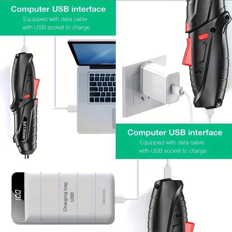 JANGKLIFE Electric Screwdriver Battery Rechargeable Cordless Screwdriver Powerful Impact Wireless Screwdriver Drill