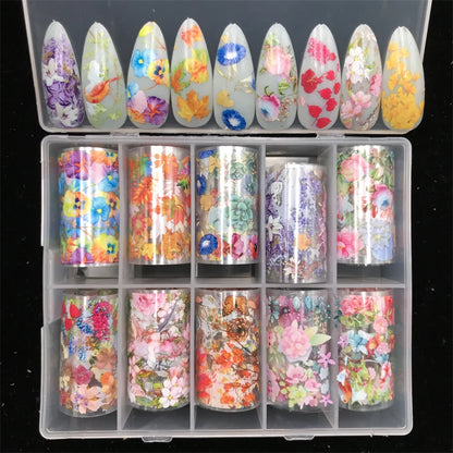 New Flower Nail Foils for Transfer Paper Stickers Floral Adhesive Fruit Nails Wraps Fish DIY Water Marble Nail Art Decorations