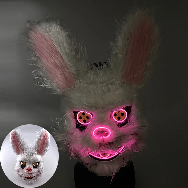 LED Bloody Rabbit Mask Glowing Killer Black Bear Mask Halloween Dance Party Cosplay Costume Props Assassinated Plush Rabbit Mask