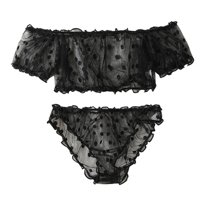 Women 2-Piece Lingerie Dot Embroidery Mesh Fancy Outfit Romantic Underwear Set Bra And Panty Sets