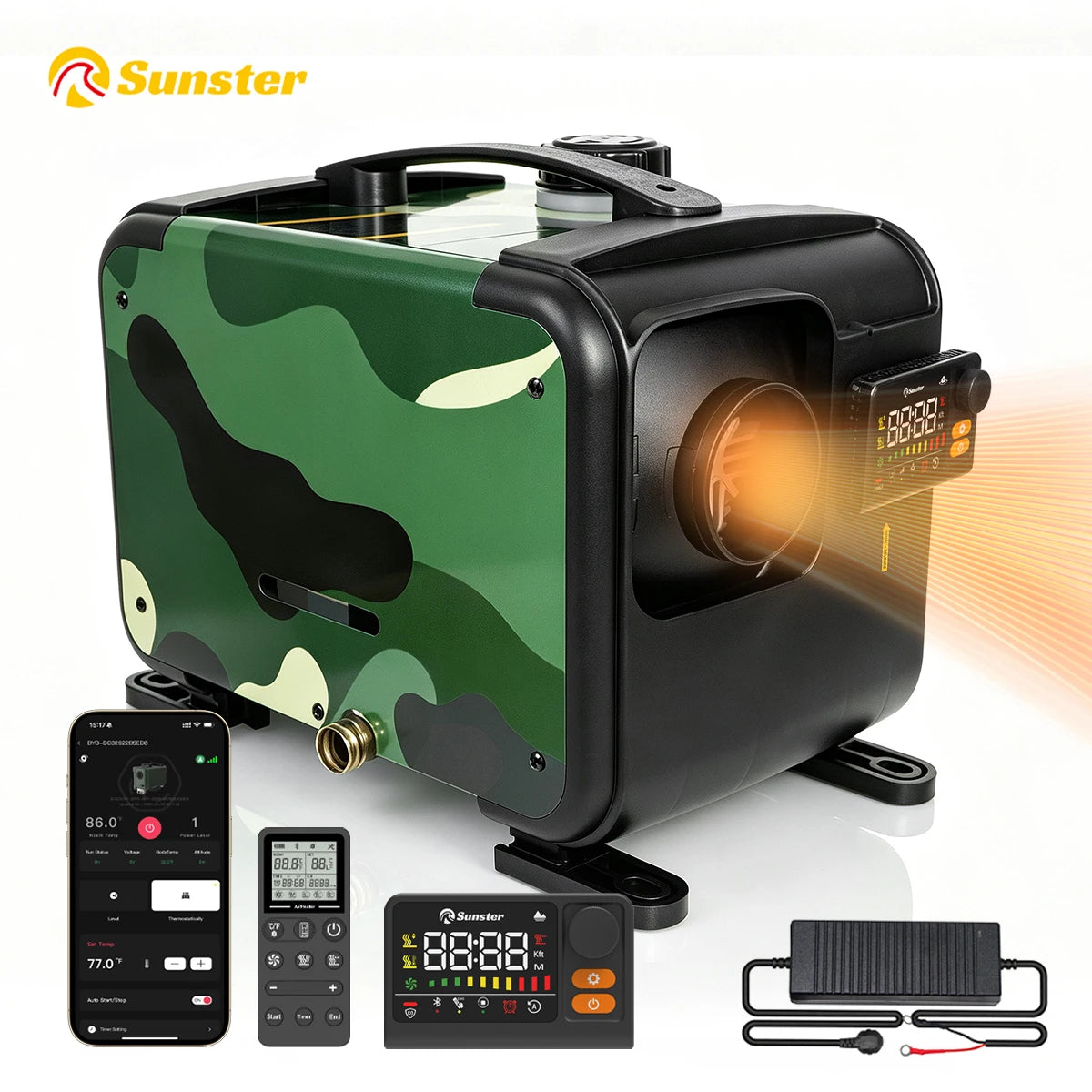 Sunster Portable Camo Diesel Air Heater 8KW with Handle 12/24V 110-240V All in One Smart Heater 35dB Quiet Fast Heat No Cold Air CO Monitor Kit for Motorhome Trailer Pickup Camping
