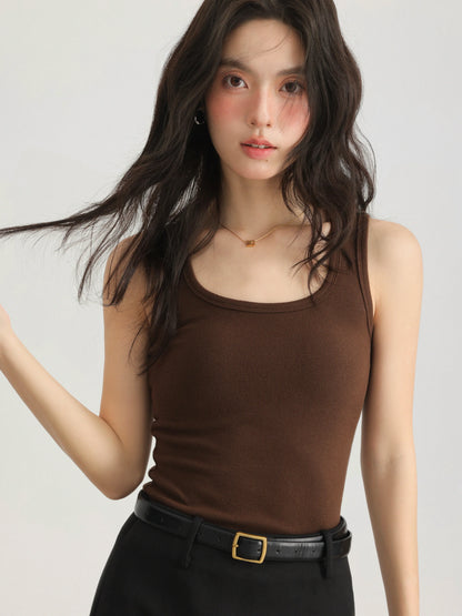 Spring Women U-Neck Knit Tank Top Cashmere-Like Fabric Elastic Slim Fit Sleeveless Camisole Solid Color Base Layer Stylish Vest