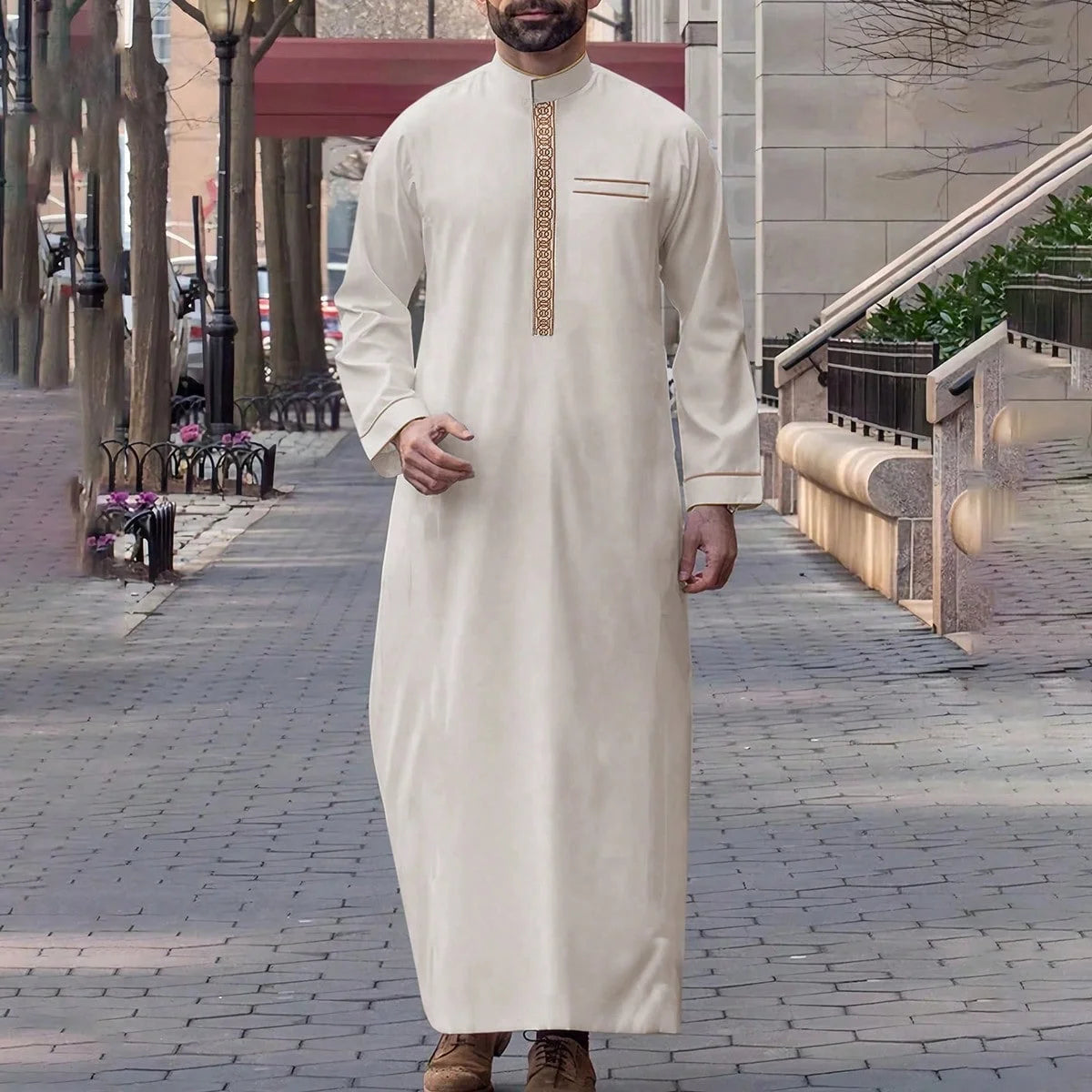 Men's Ethnic Pattern Embroidery Zipper Hooded Robe Traditional Long Sleeve Pocket Jubba Thobe for Daily Wear Man Islamic Thobe