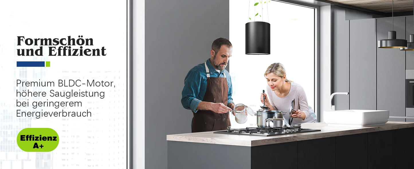 Island Hood 700/800m³/h, A+ Energy, 5-Layer Filter, LED, Ductless, Black, CE, Push Button
