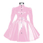 Plus Size Sweet Girl Mini Dress PVC Leather High Neck Button Pleated  A-line Dress Preppy Style Back Zipper Long Sleeve Dress