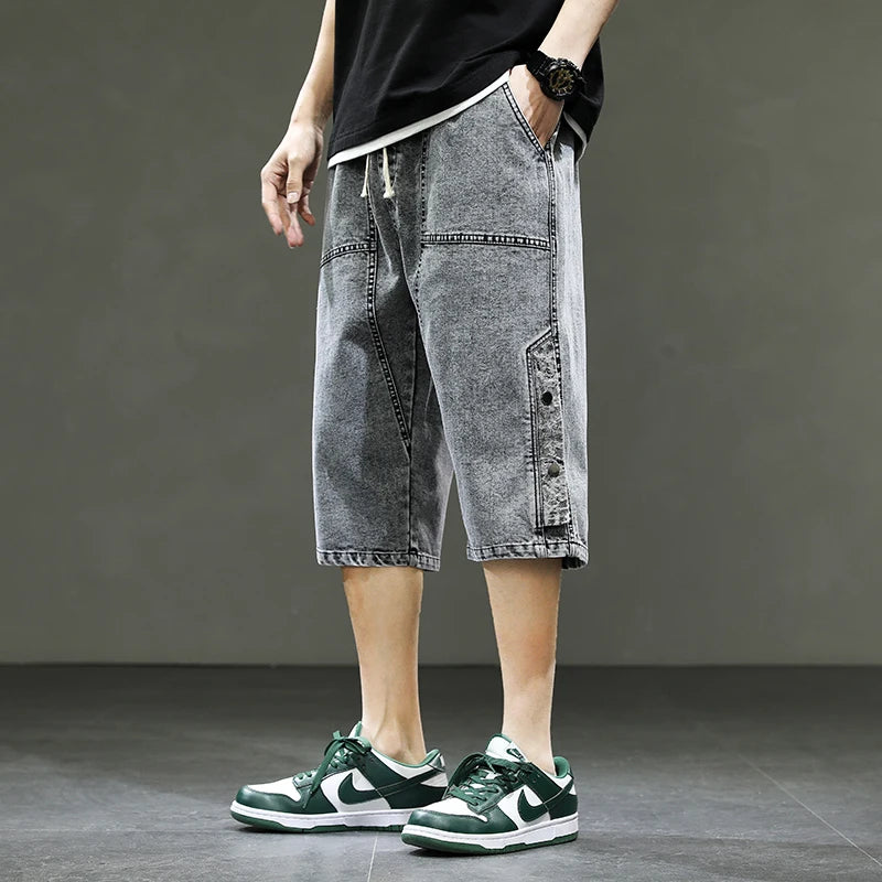 Korean Style Men's Long Shorts 3/4 Length Denim Bermuda Male Big Plus Large Size Jeans Fashion Below Knee Streetwear Loose Baggy