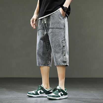 Korean Style Men's Long Shorts 3/4 Length Denim Bermuda Male Big Plus Large Size Jeans Fashion Below Knee Streetwear Loose Baggy