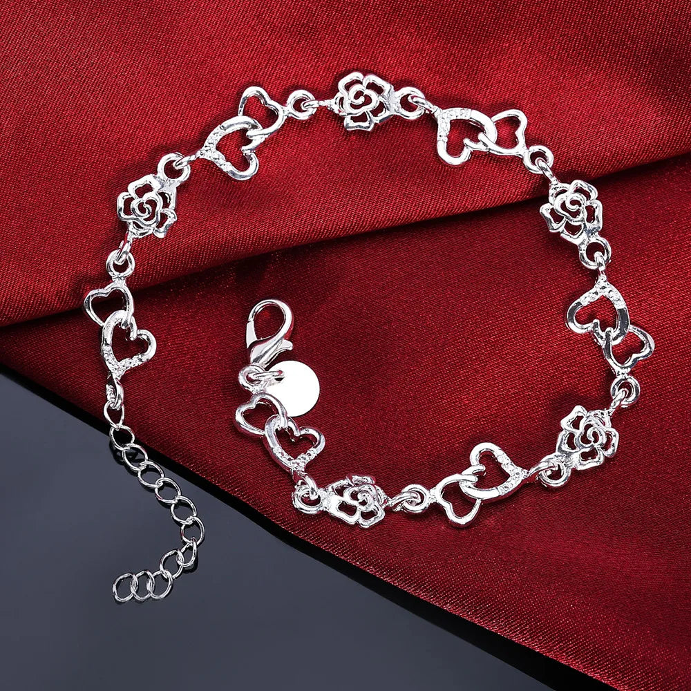 Beautiful 925 Sterling Silver Bracelet for Women Bracelet HEART Lovely Flower Chain Fashion Wedding Party Cute Lady Nice Jewelry