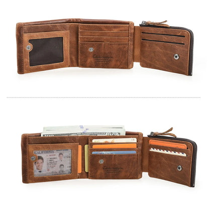 CONTACT'S Genuine Leather Short Wallets for Men Trifold Card Holder Money Clip Coin Purse Male Pocket Wallets Men's Purse Bags