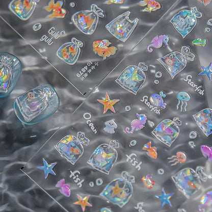 Colorful Bagful Jellyfish Bubbles Swimming Rings Rainbow Stars Ocean Starfish Self Adhesive 5D Nail Art Sticker Manicure Decal