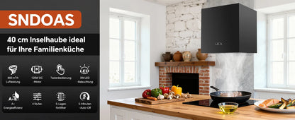 Island Hood 700/800m³/h, A+ Energy, 5-Layer Filter, LED, Ductless, Black, CE, Push Button