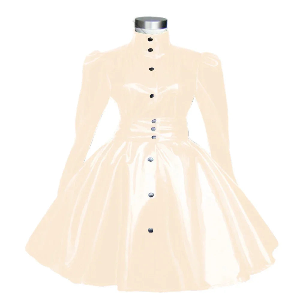 Plus Size Sweet Girl Mini Dress PVC Leather High Neck Button Pleated  A-line Dress Preppy Style Back Zipper Long Sleeve Dress