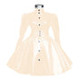 Plus Size Sweet Girl Mini Dress PVC Leather High Neck Button Pleated  A-line Dress Preppy Style Back Zipper Long Sleeve Dress