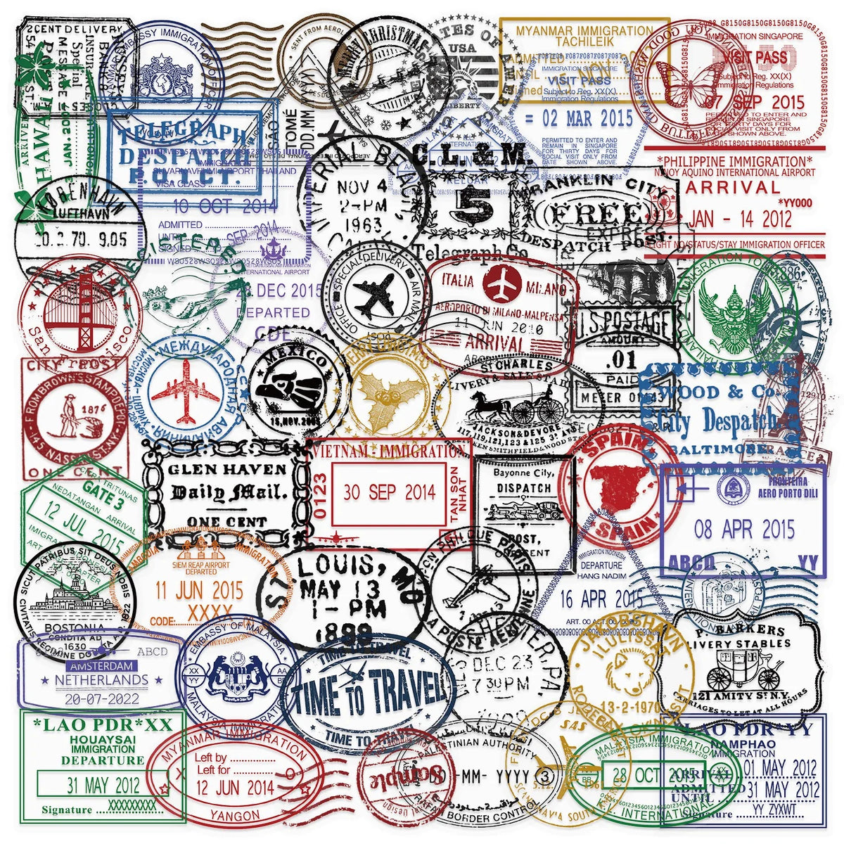 10/60PCS Vintage Passport Stamps Transparent Stickers Travel Decals For Phone Notebook Luggage Skateboard Guitar DIY Sticker Toy