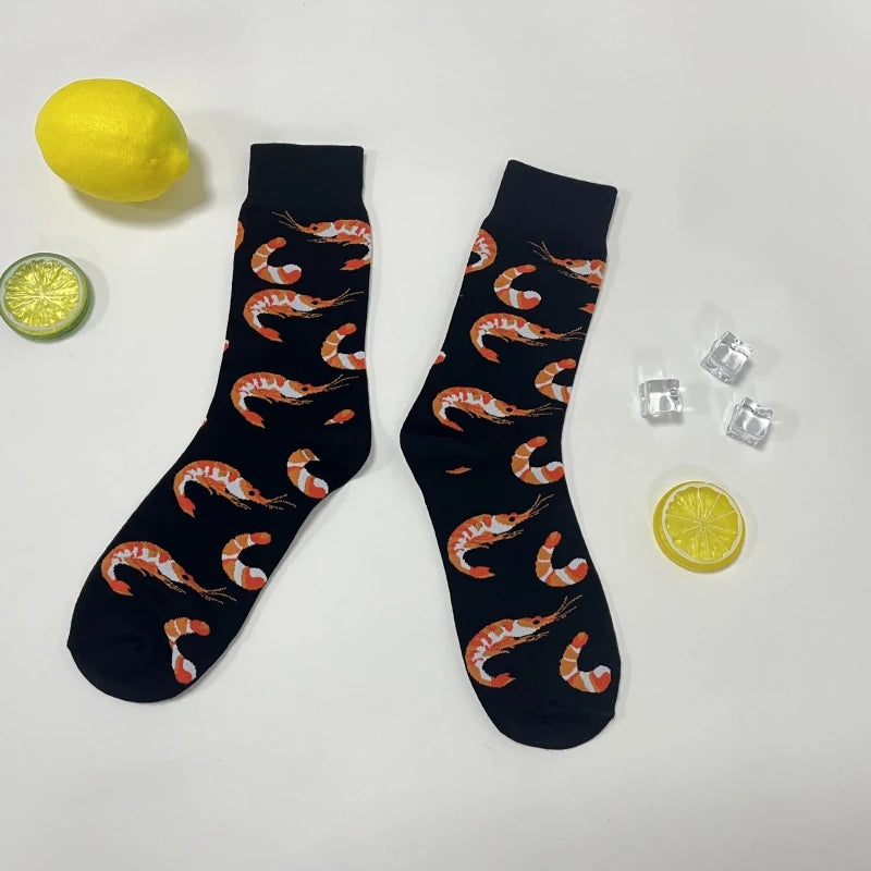 1 Pair Creative Shrimp Pattern，Casual Comfy Soft Mid-calf Men's Socks For Daily