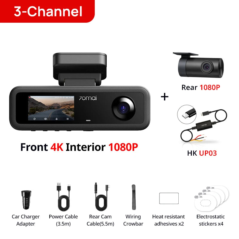 70mai 3-Channel Dash Cam T800E 4K HDR F1.55 Aperture Supercapacitor Voice Control GPS Car DVR 70mai T800E WiFi 6 5GHz