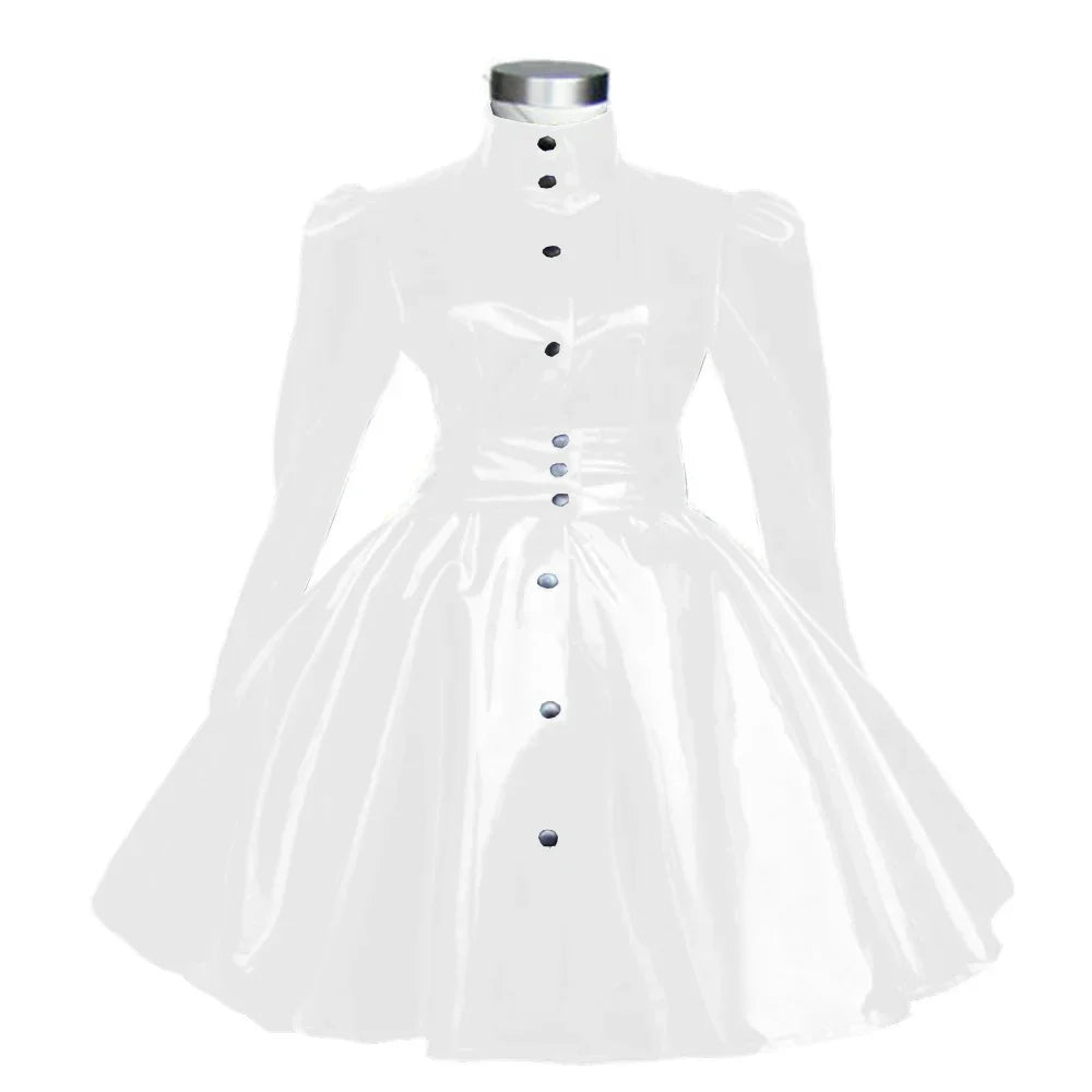 Plus Size Sweet Girl Mini Dress PVC Leather High Neck Button Pleated  A-line Dress Preppy Style Back Zipper Long Sleeve Dress
