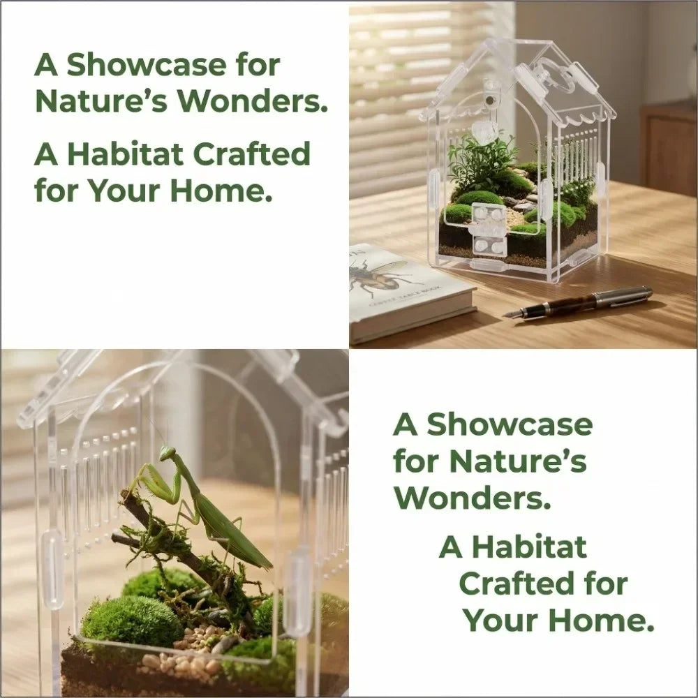 Portable Jumping Spider Enclosure Front Opening Removable Reptile Terrarium with Feeding Port Transparent