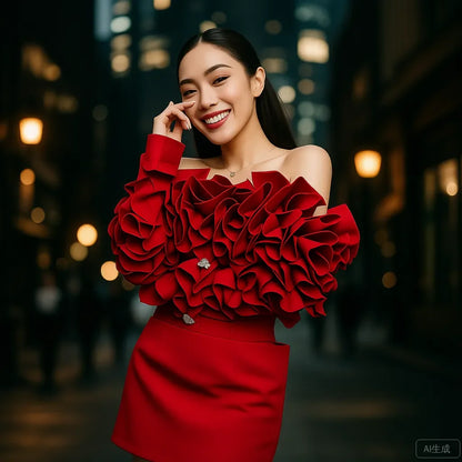 Elegant Red Off‑Shoulder Pleated Sleeve Mini Dress Party Evening Wedding Guest Dress 2025 Trending Women’s Fashion Plus Size
