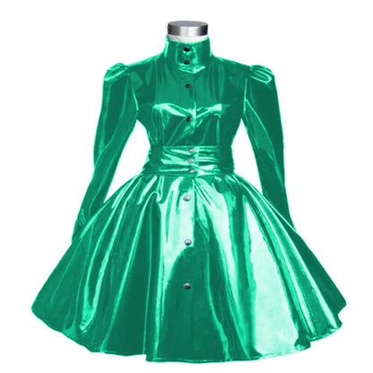Plus Size Sweet Girl Mini Dress PVC Leather High Neck Button Pleated  A-line Dress Preppy Style Back Zipper Long Sleeve Dress