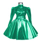 Plus Size Sweet Girl Mini Dress PVC Leather High Neck Button Pleated  A-line Dress Preppy Style Back Zipper Long Sleeve Dress