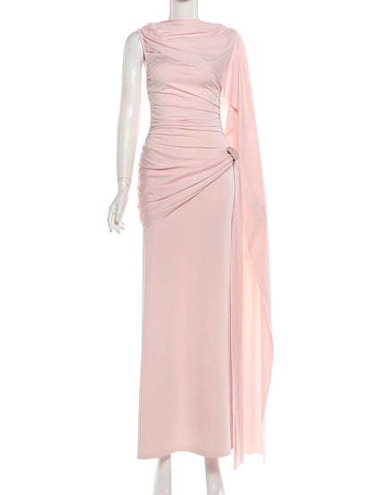 Weird Puss Elegant Party Dress Woman Ruched o-Neck Sleeveless Irregular Ribbon Metal Trim Classic Chic Birthday Banquet Vestidos